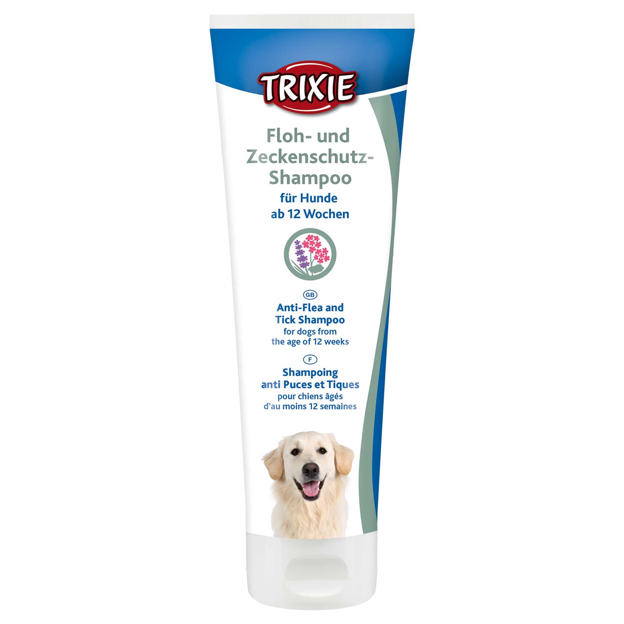 Trixie Floh- und Zeckenschutz-Shampoo. Tube mit Produktnamen, Illustrationen und Text. Enthält Logo und Produktbezeichnung.