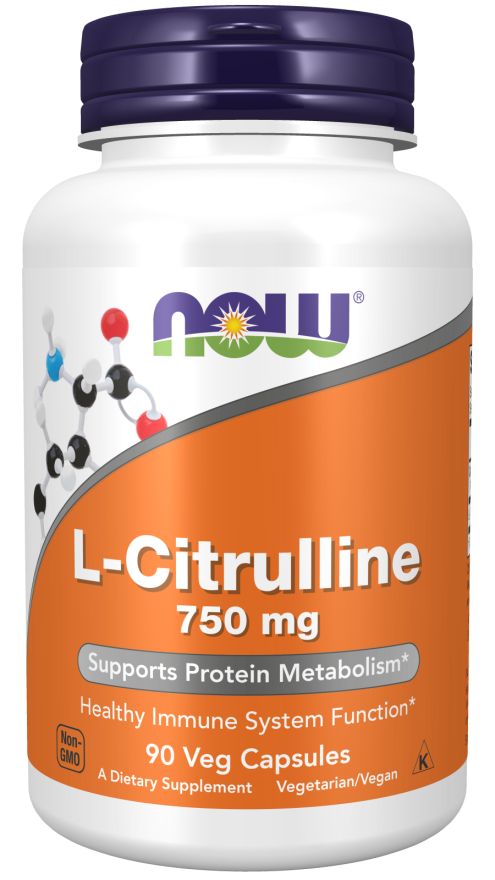 Weiße Flasche mit blauem Deckel. Aufkleber mit "NOW"-Logo, "L-Citrulline" und "750 mg". Enthält 90 Veg-Kapseln.