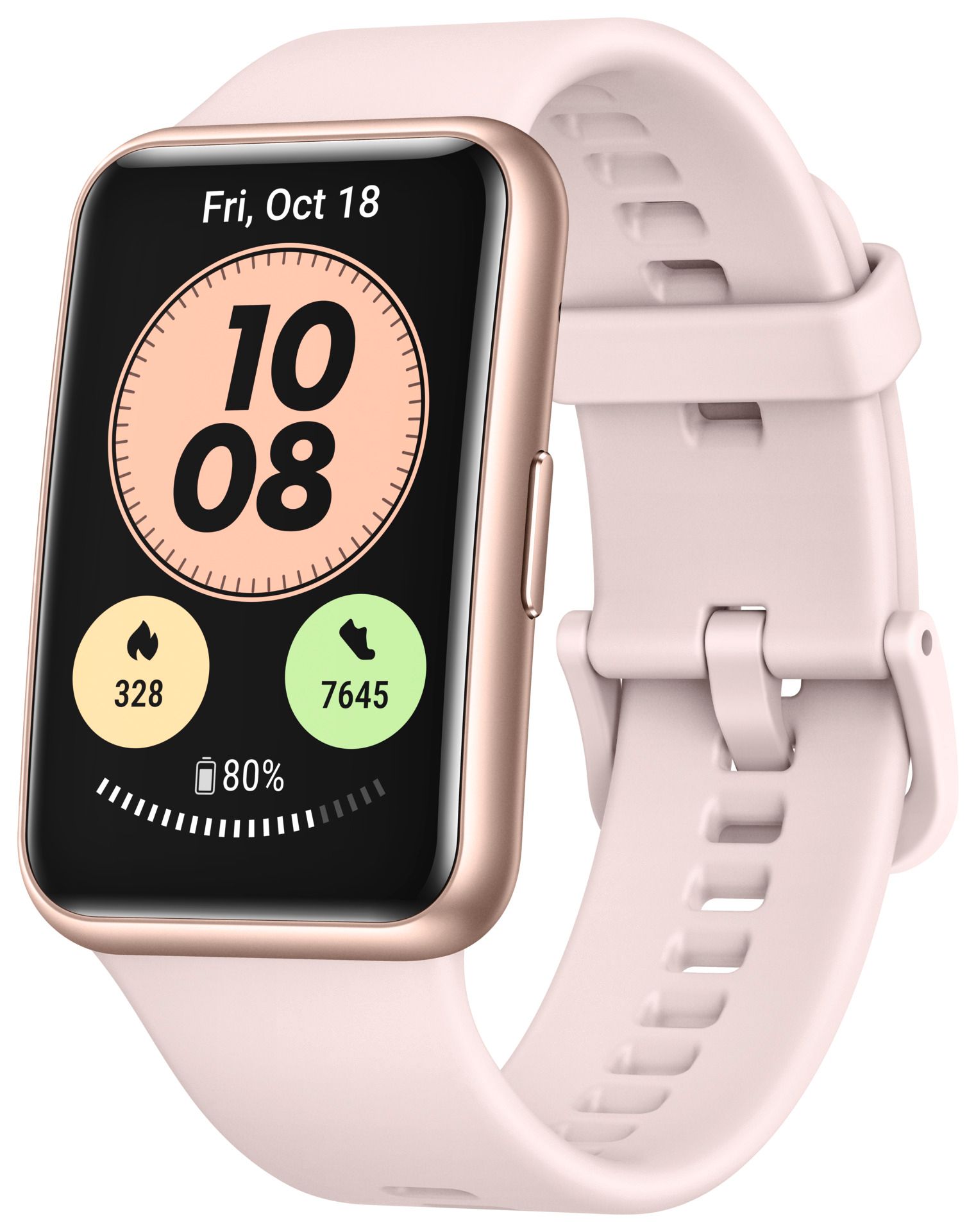 Sakura Pink Smartwatch mit rechteckigem Display. Zeigt Uhrzeit, Datum, Schritte, Kalorien und Akkustand an. Rosa Armband.