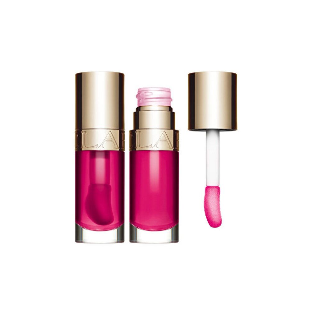Zwei Flaschen mit pinker Flüssigkeit, eine mit Applikator. Goldener Deckel. Aufschrift: CLARINS.