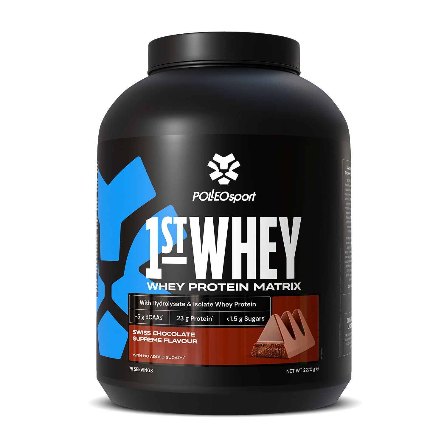 Schwarzer Behälter mit Polleo Sport 1st Whey Proteinpulver, Swiss Chocolate Supreme Geschmack.