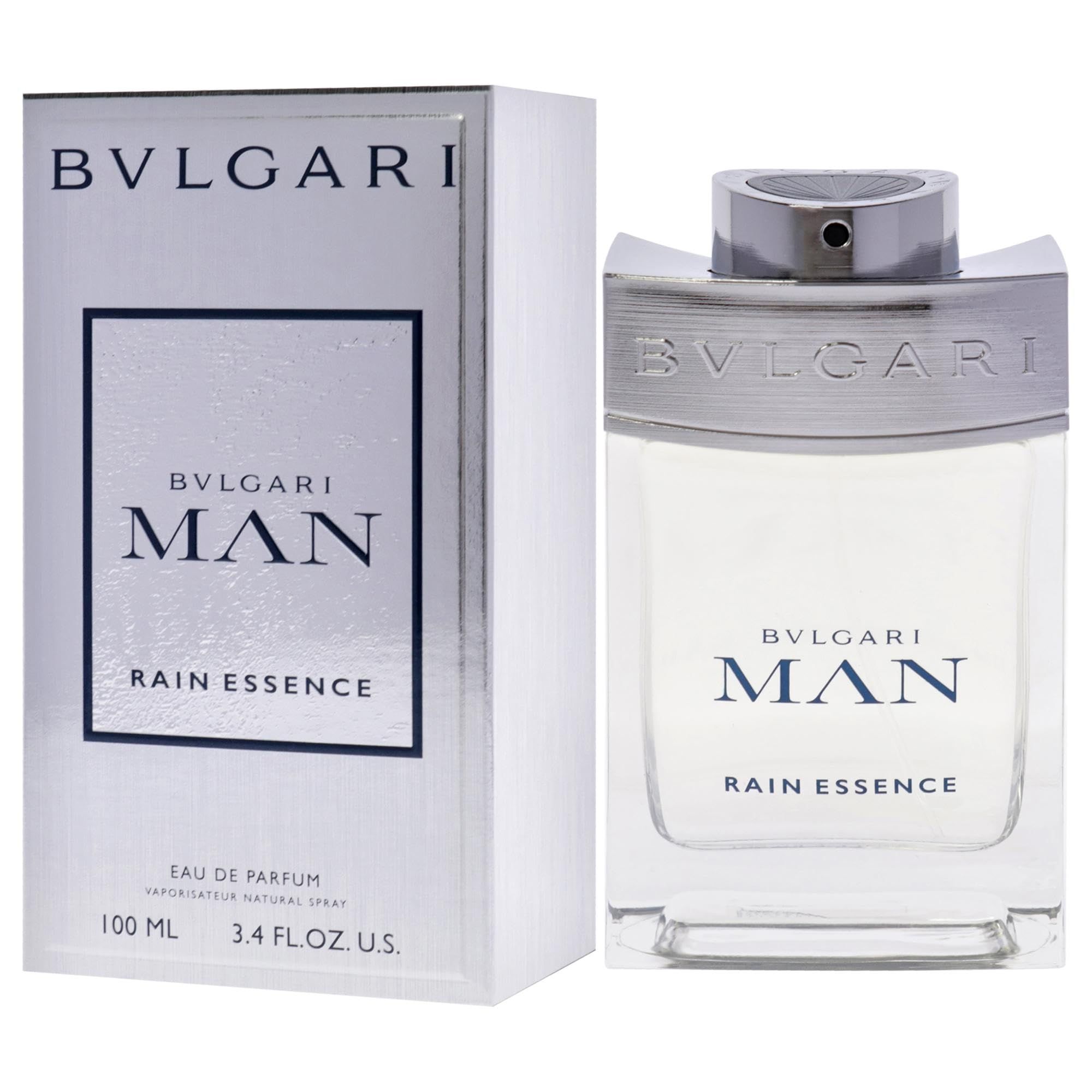 Bvlgari Man Rain Essence Eau de Parfum. Flakon und Schachtel. Flakon transparent, Schachtel weiß. Produktbezeichnung.