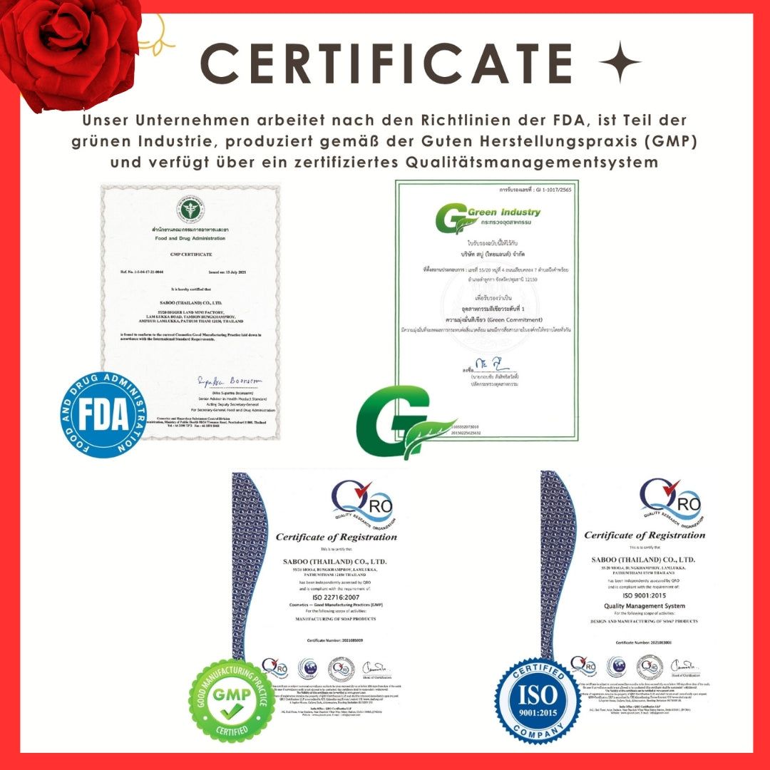 Zertifikate und Qualitätssiegel. Text: FDA, GMP, Green Industry, ISO 9001.