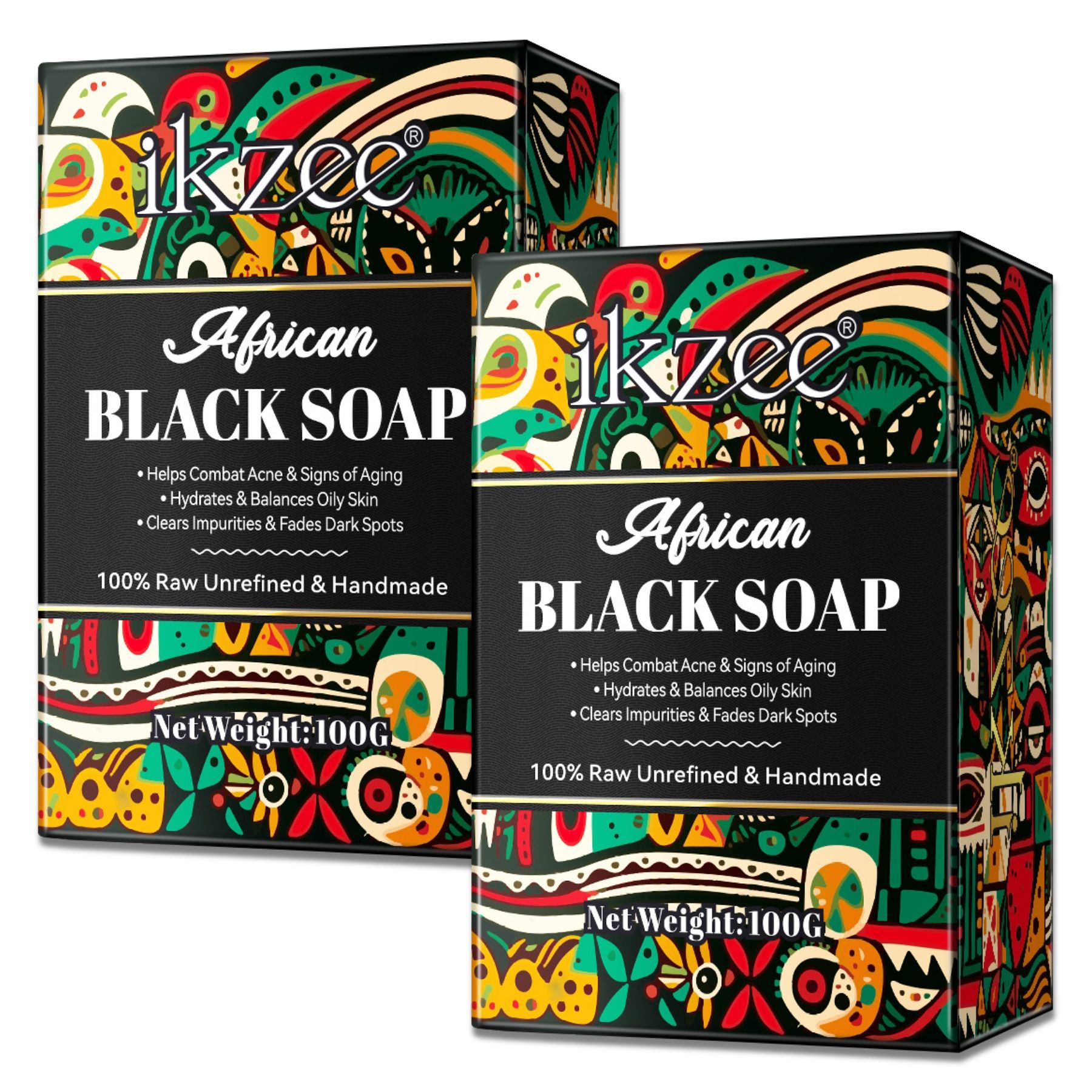 Zwei rechteckige Kartons mit schwarzer Seife. Aufschrift: African Black Soap. Mit bunten Mustern und Logo.