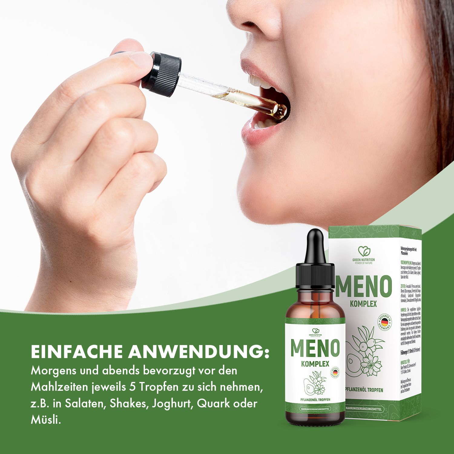 Person nimmt Tropfen aus einer Flasche mit Pipette in den Mund. Daneben Flasche und Karton mit Aufschrift Meno Komplex. Text: Einfache Anwendung.