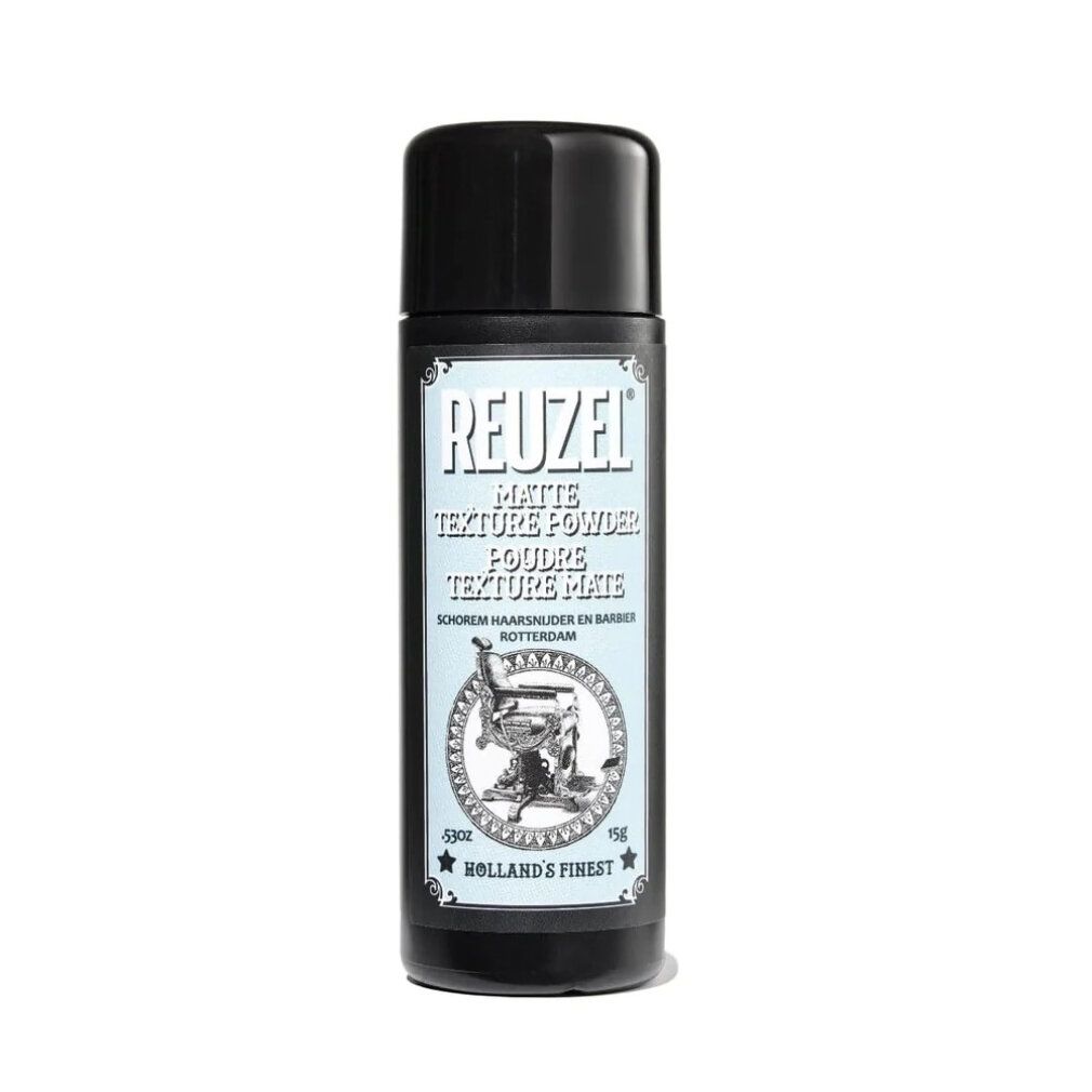 Reuzel Matte Texture Powder Flasche mit schwarzem Deckel und Etikett, das einen Friseurstuhl zeigt.