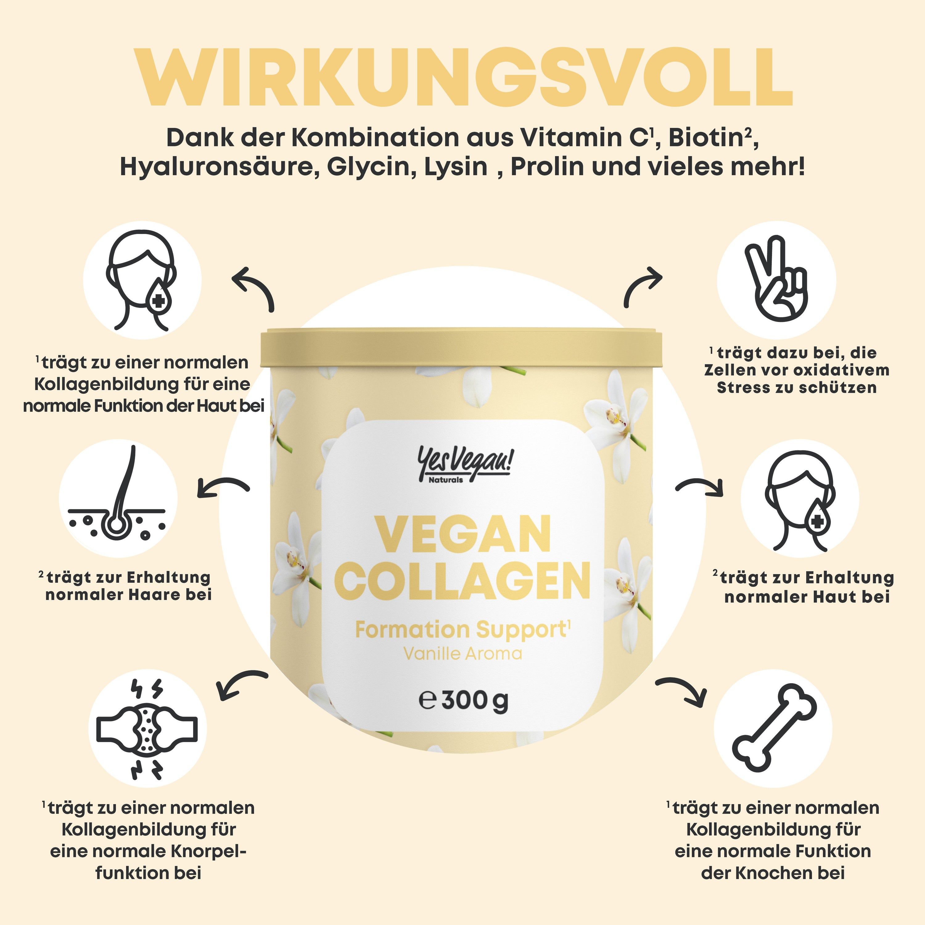 Beige Dose "Yes Vegan! Vegan Collagen" mit Illustrationen. Zeigt Wirkungen auf Haut, Haare, Knochen und Knorpel. Vanille Aroma.