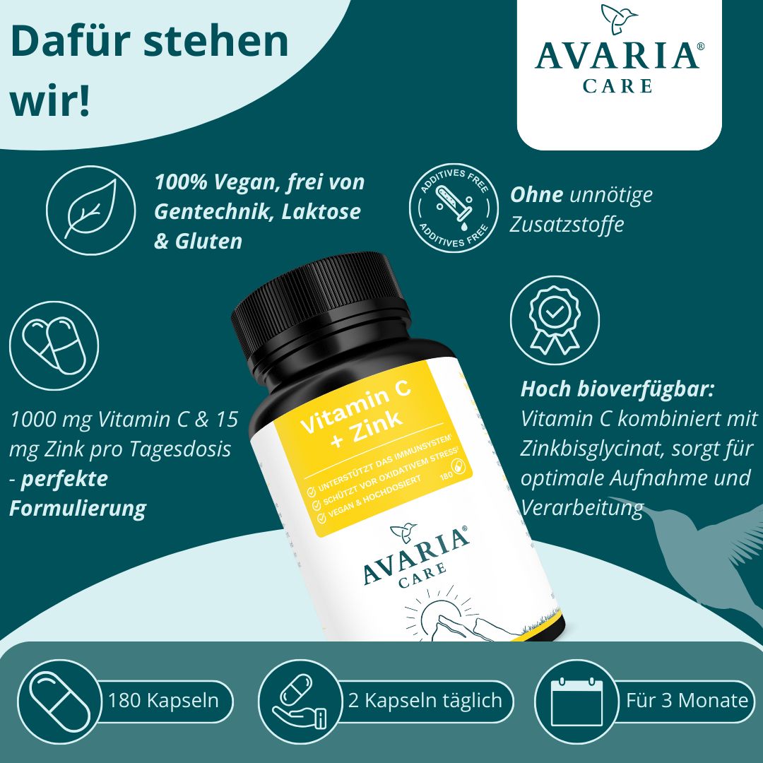 AVARIA CARE® Vitamin C 1000mg – gepuffert & magenschonend – mit 15 mg Zink – vegan