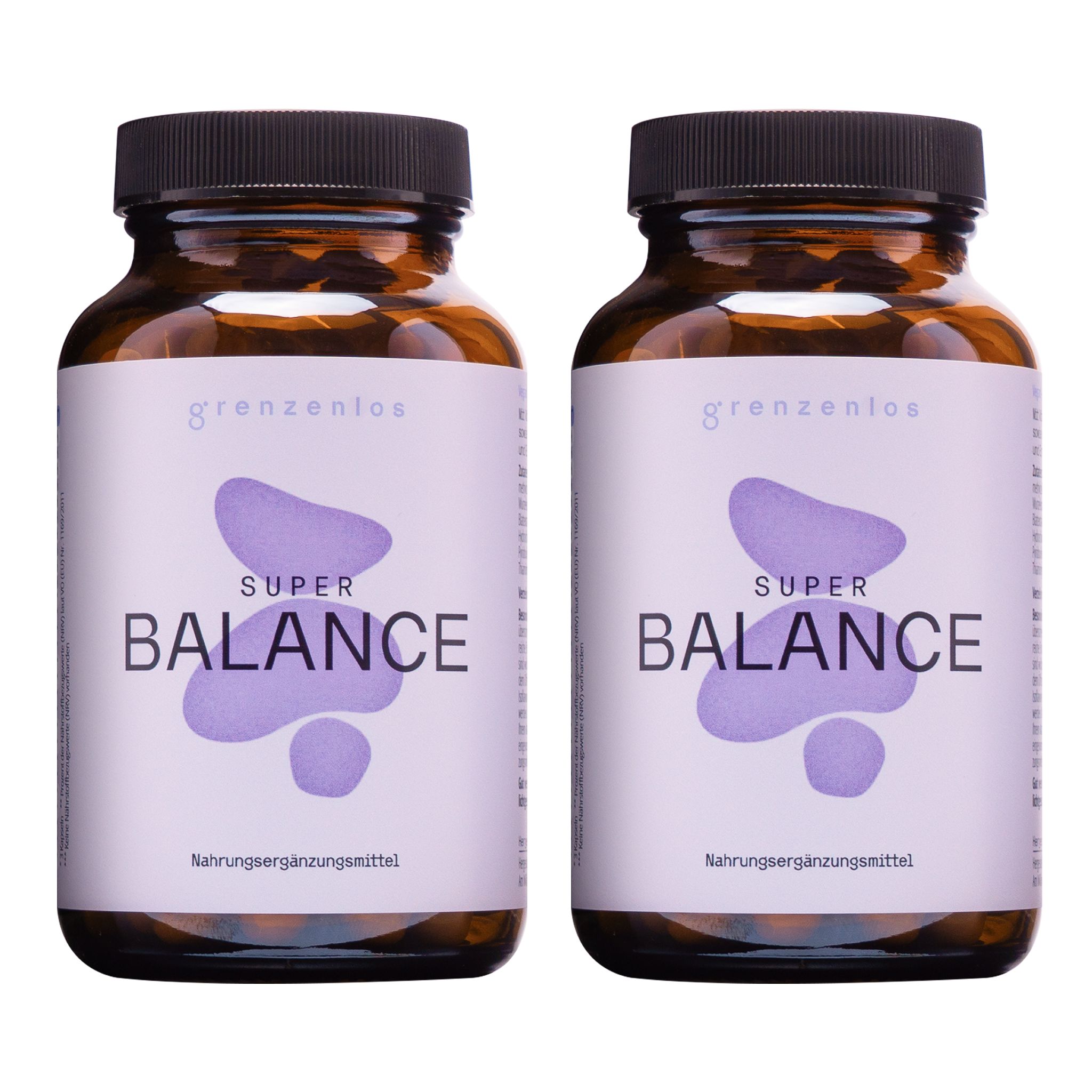 Zwei Flaschen grenzenlos® SUPER BALANCE Kapseln nebeneinander.