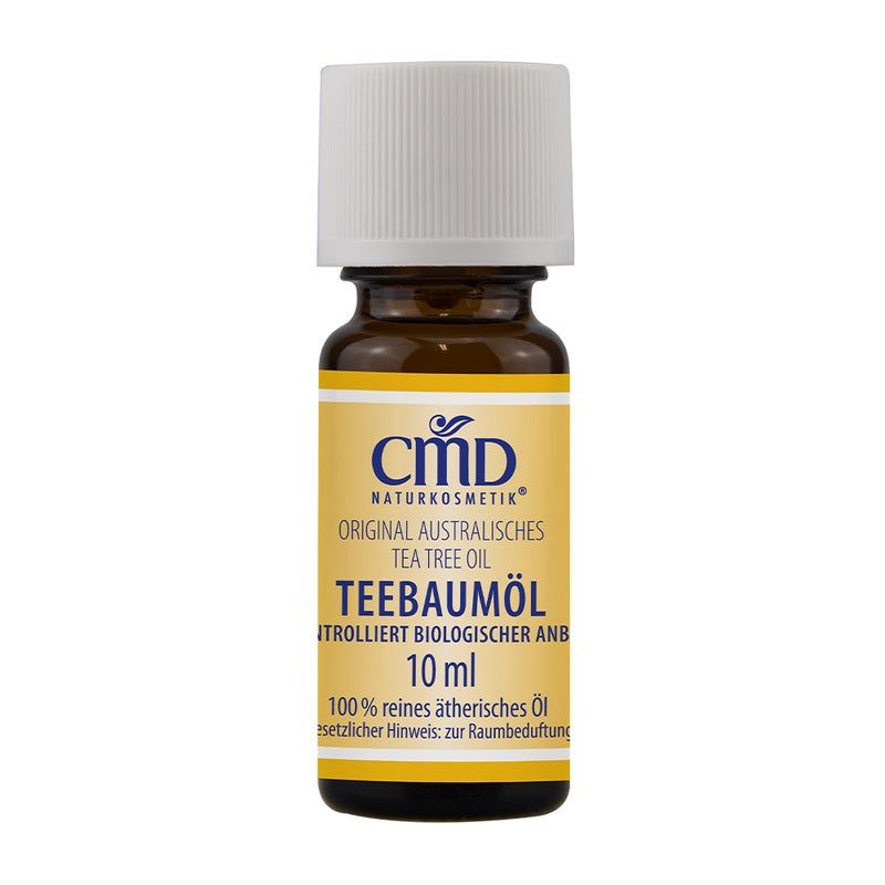 Braune Glasflasche mit weißem Deckel. Etikett mit CMD Naturkosmetik, Teebaumöl, 10 ml.