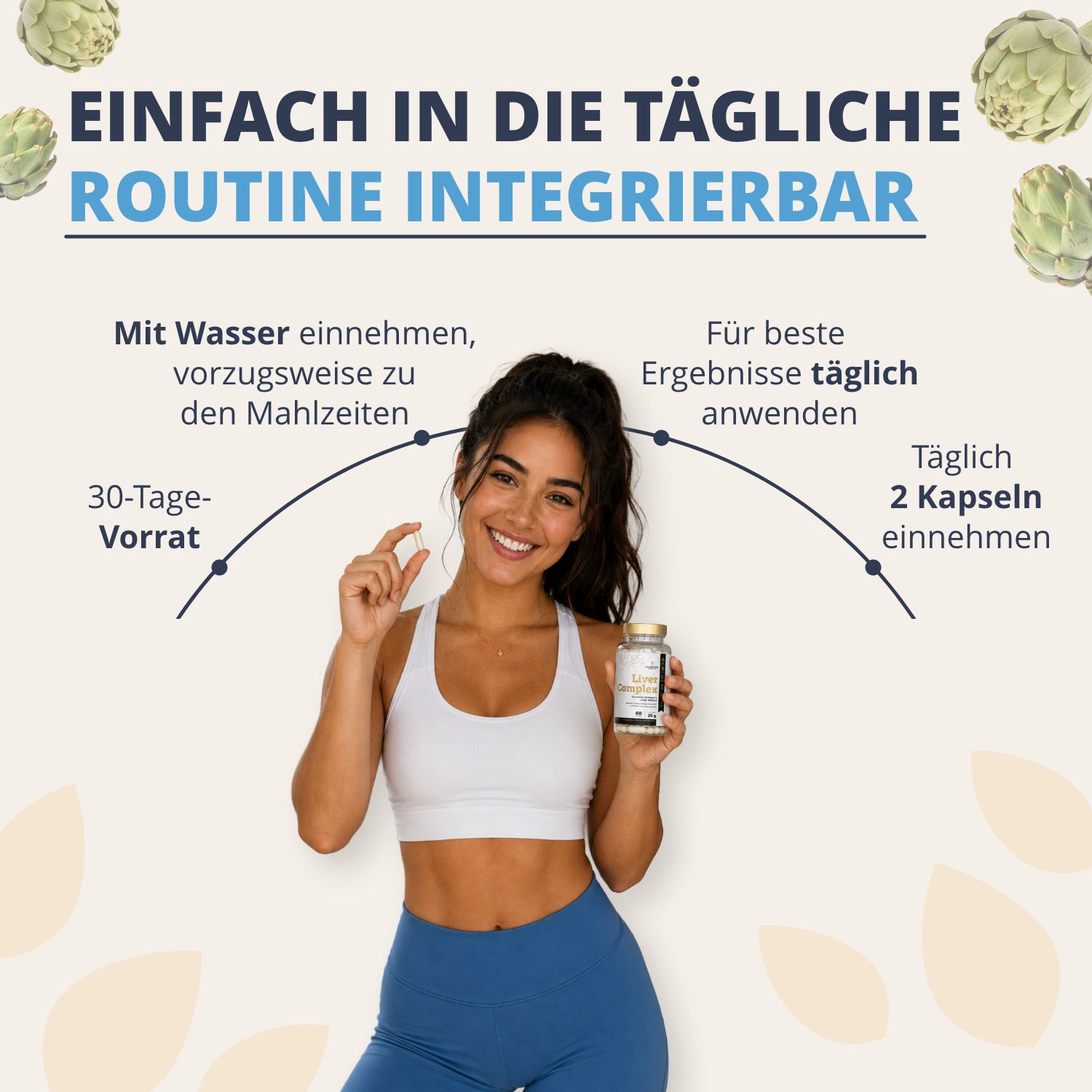 Frau nimmt eine Kapsel Golden Tree Liver Complex ein, die tägliche Einnahme wird empfohlen.