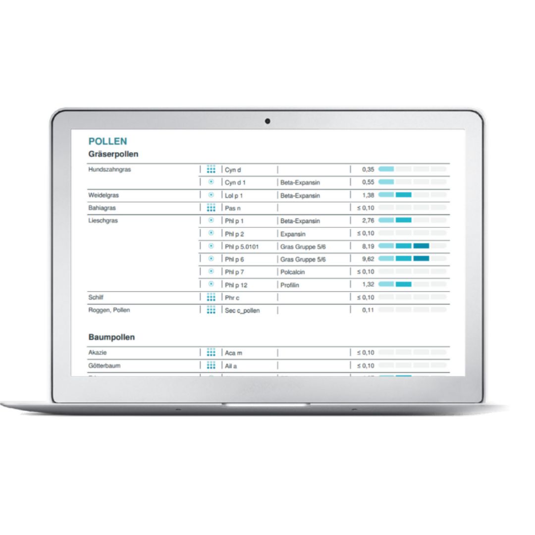 Laptop mit Testergebnissen. Tabellarische Übersicht über Gräserpollen, Baumwolle, Kräuterpollen.