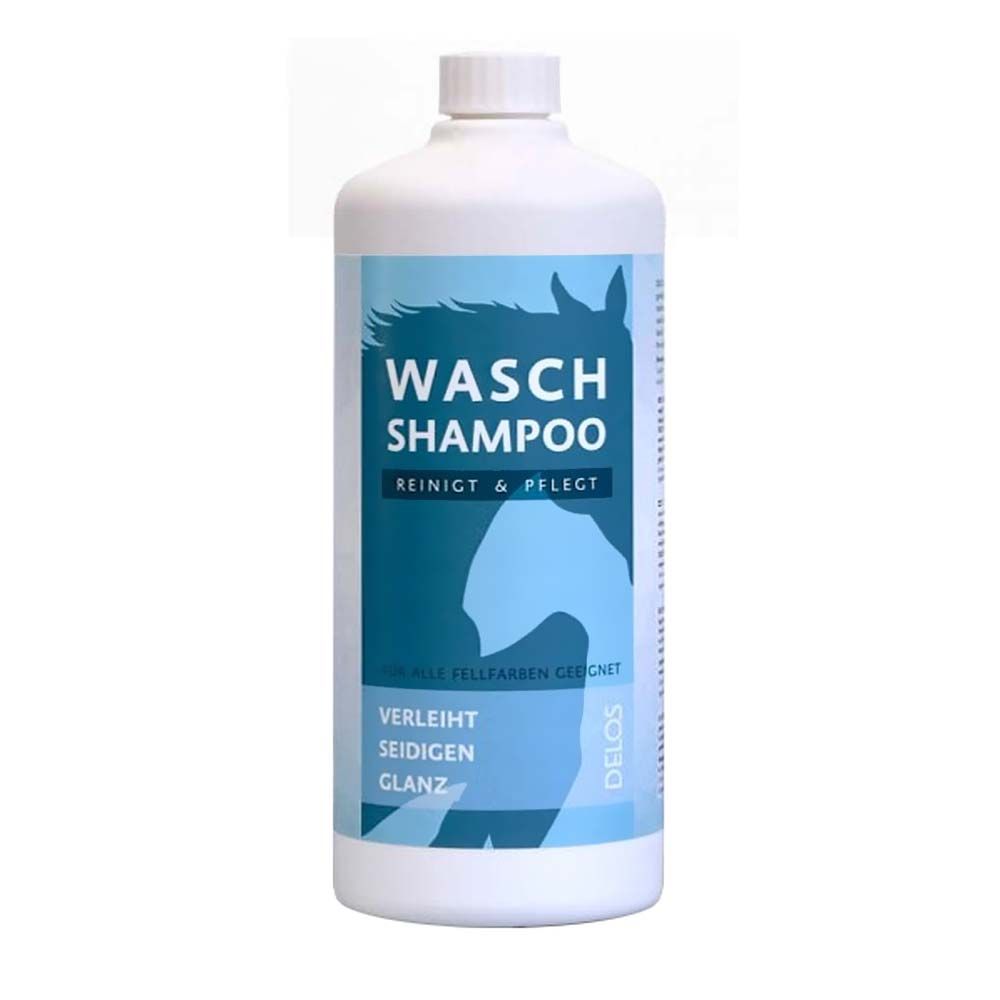 Weiße Flasche mit blauem Etikett. Aufschrift: Wasch Shampoo, reinigt & pflegt. Pferdekopf-Silhouette. Text: Verleiht seidigen Glanz.