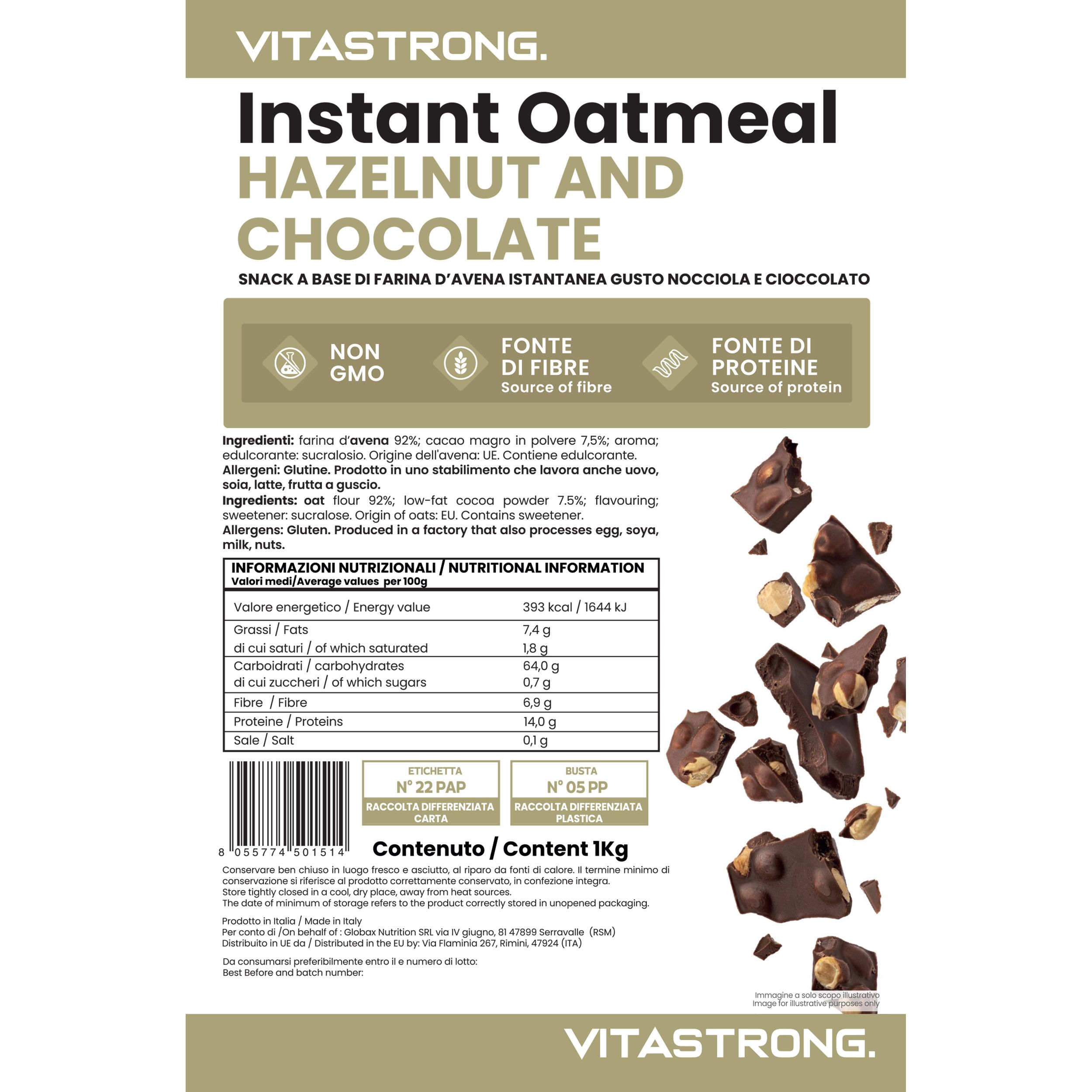 Vitastrong Instant Oatmeal, Hazelnut & Choco. Verpackung mit Nährwertangaben und Zutatenliste. Schokoladenstücke mit Haselnüssen.
