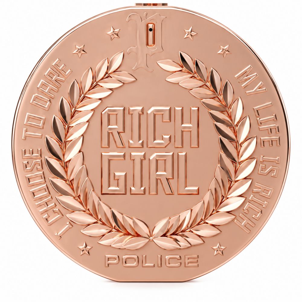 Rosegoldener Flakon mit "Rich Girl" Prägung, "Police" Logo und Lorbeerkranz. "I CHOOSE TO DARE MY LIFE IS RICH" Schriftzug.