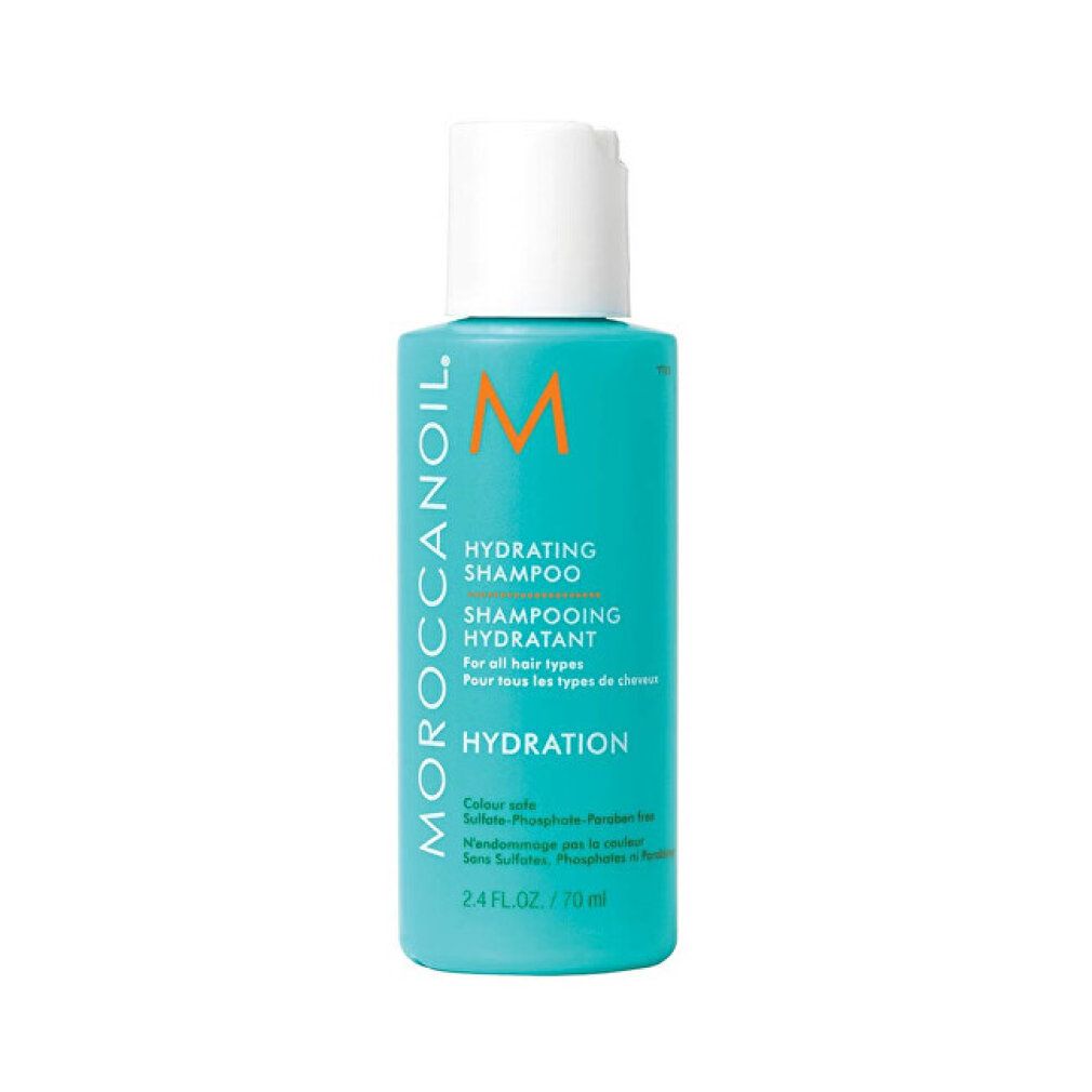 Türkisgrüne Shampoo-Flasche mit weißem Deckel. Aufschrift: Moroccanoil, Hydrating Shampoo, Hydration. 70 ml.