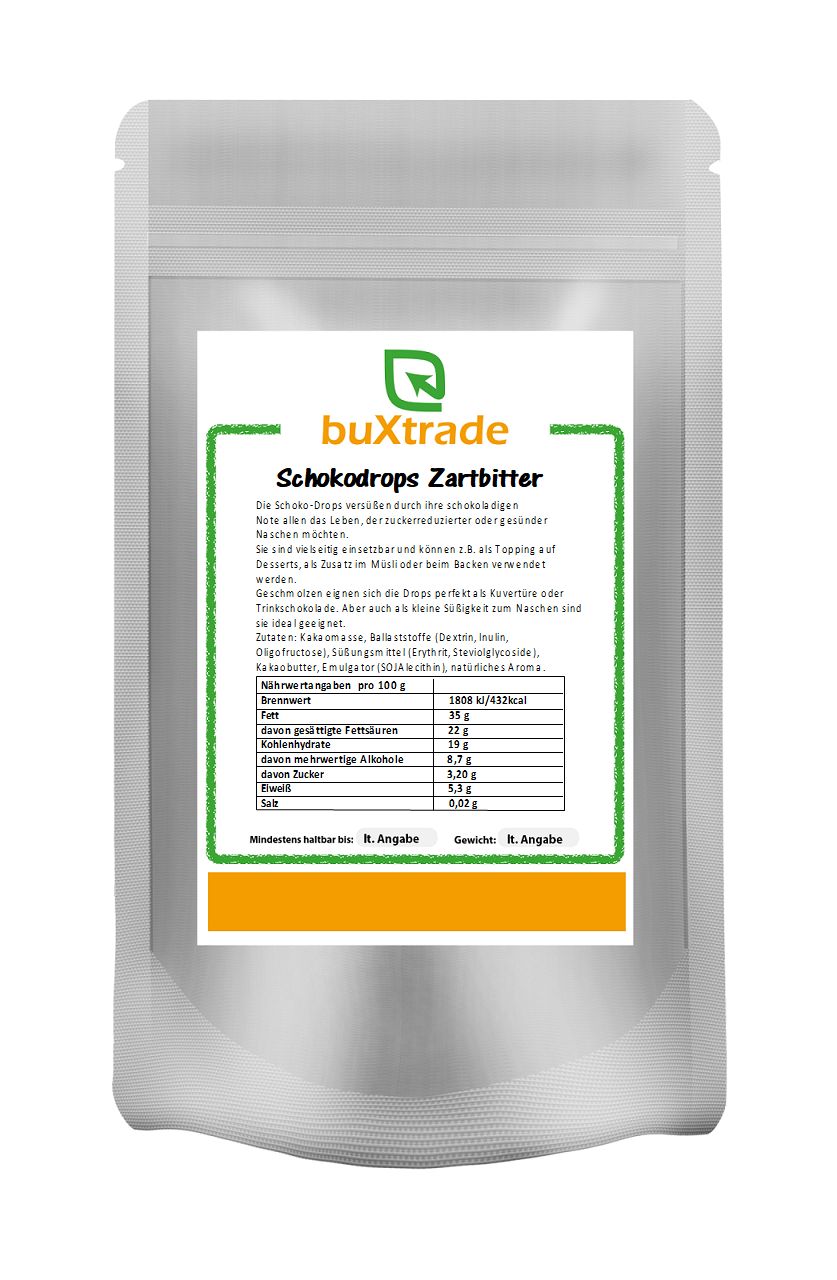Verpackung von buXtrade Schokodrops Zartbitter. Produktinformationen und Nährwerte.