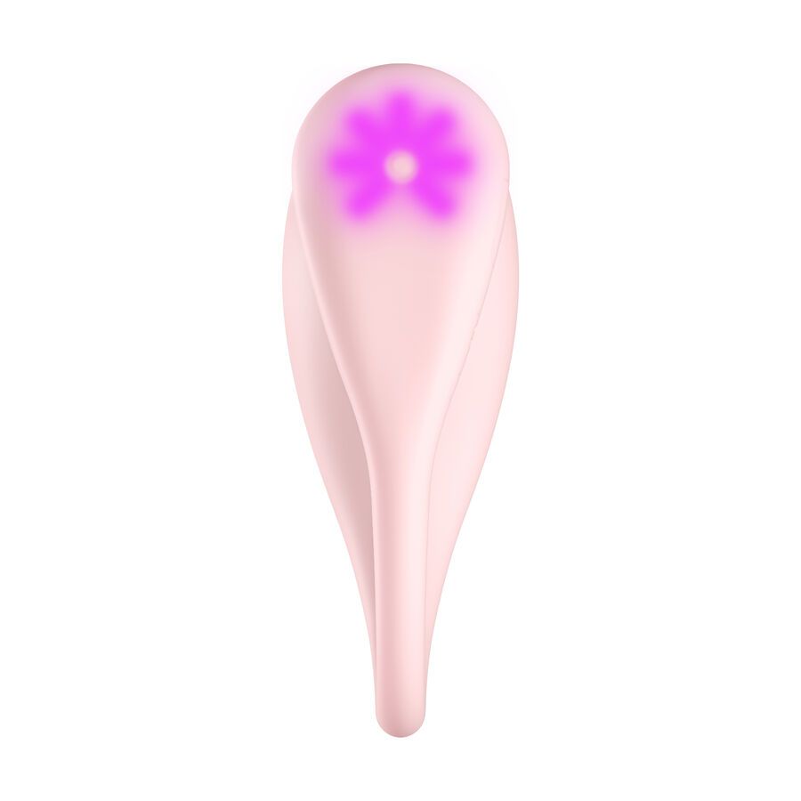 Rosa Auflegvibrator mit blütenförmigem Licht. Oben abgerundet, unten spitz zulaufend.