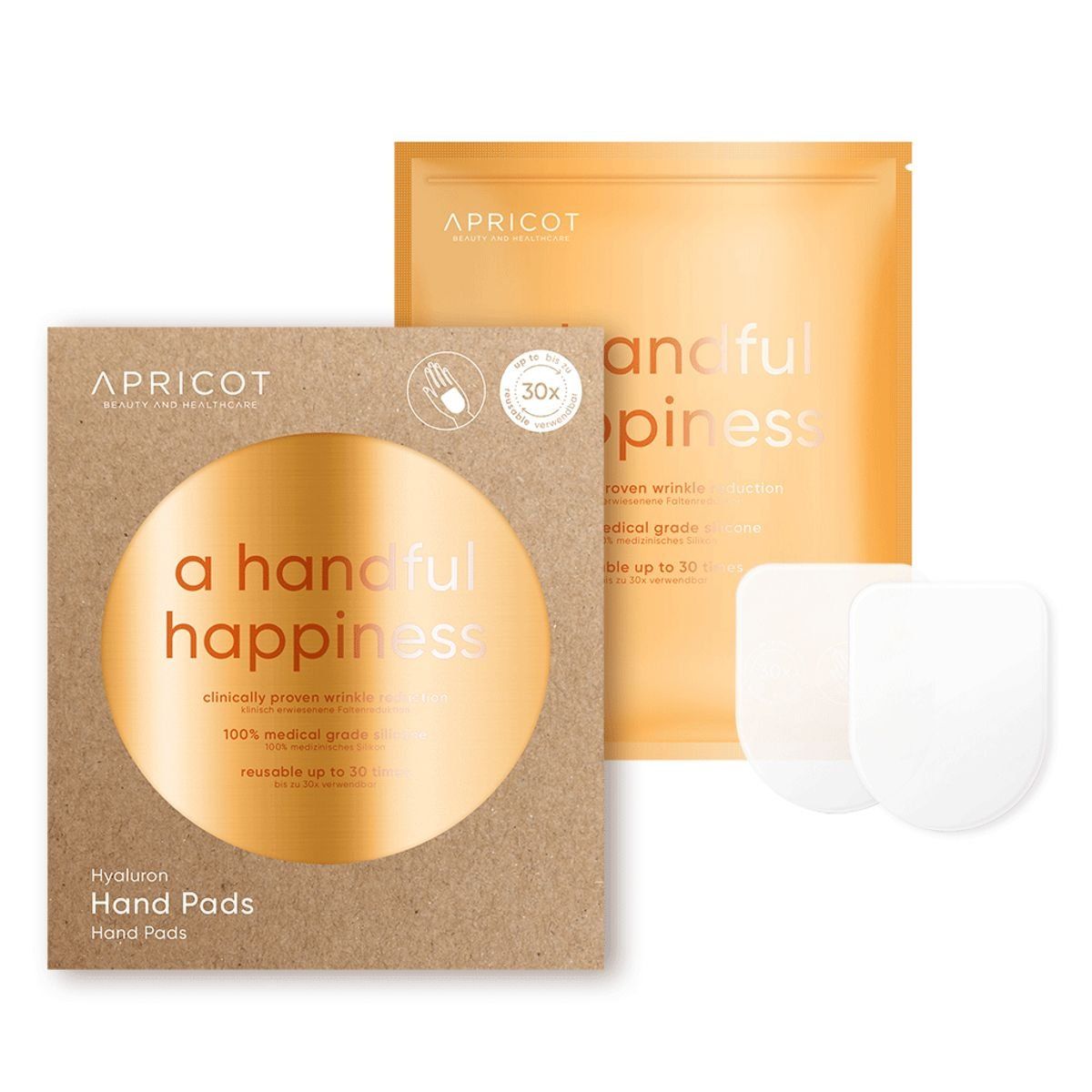Verpackung mit Hand Pads. Aufschrift: APRICOT, a handful happiness, Hyaluron Hand Pads. 30 Behandlungen.