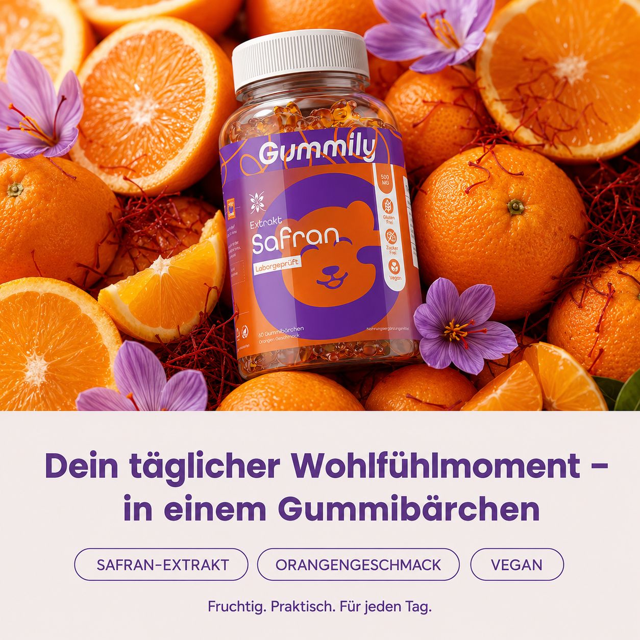 Gummily® Safran Extrakt Hochdosiert - Schlaf Stimmung Fokus PMS & Meno pause (60 Gummibärchen)