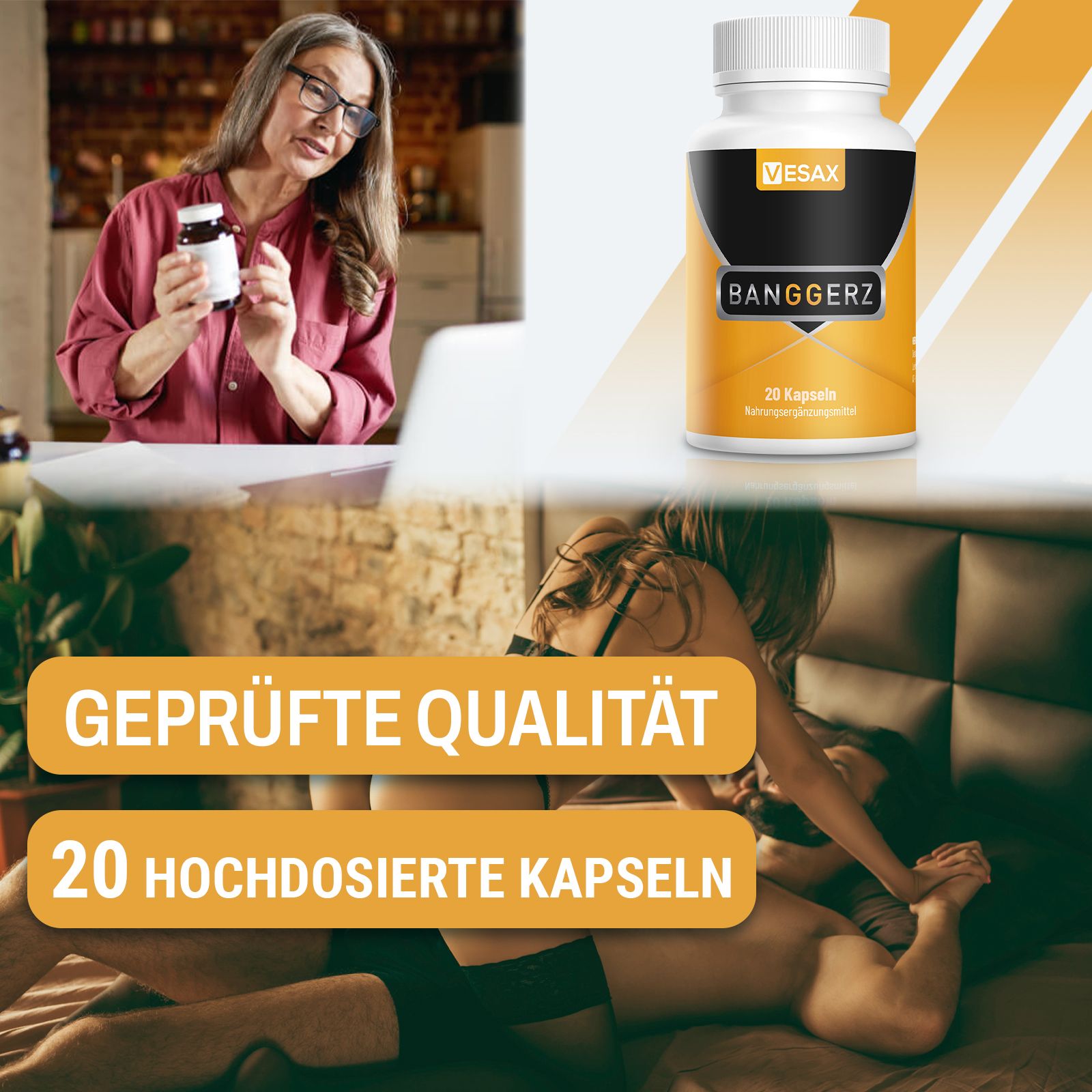 Flasche mit VESAX und BANGGERZ. Text: Geprüfte Qualität, 20 hochdosierte Kapseln. Hintergrund: Frau und Mann im Bett.