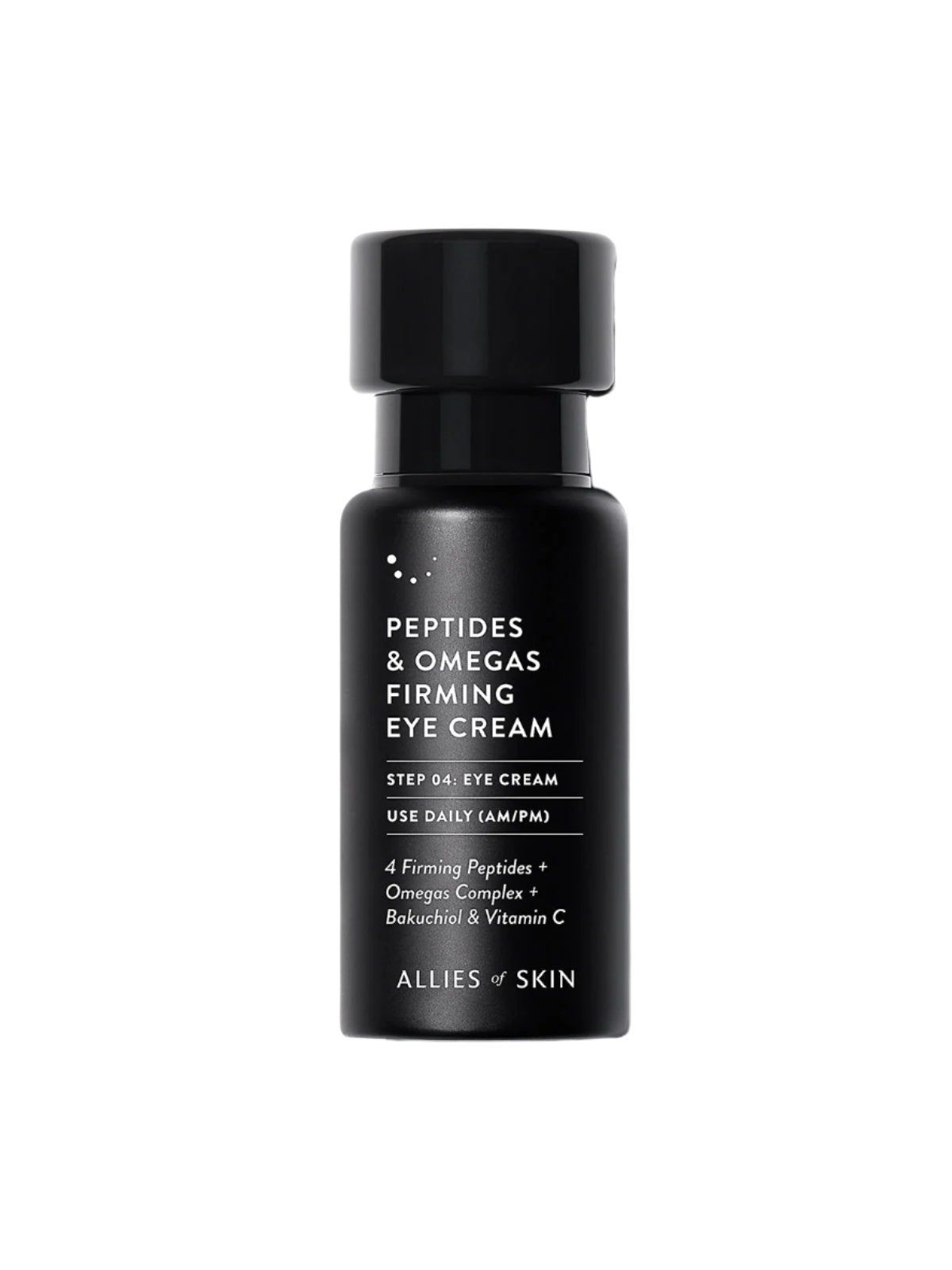 Schwarze Flasche mit Aufschrift 'Peptides & Omegas Firming Eye Cream'. Enthält Bakuchiol & Vitamin C.