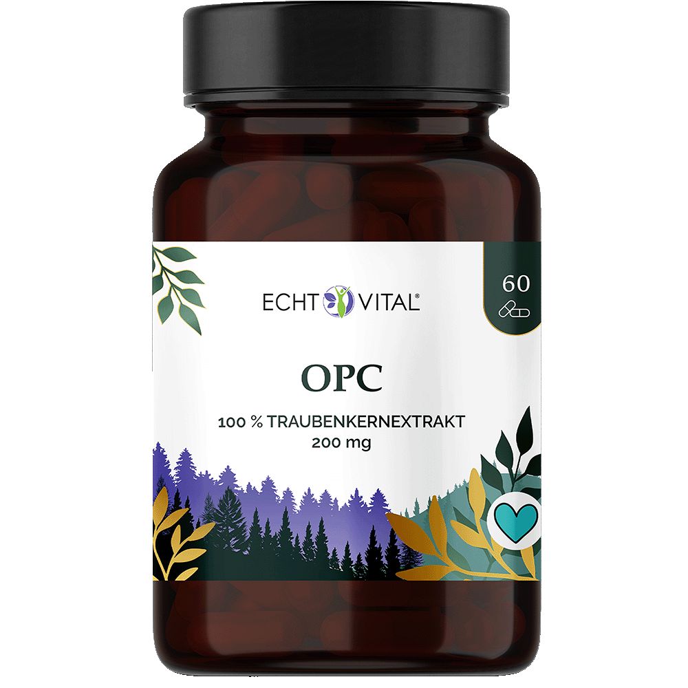 Echt Vital OPC Flasche mit 60 Kapseln, 100% Traubenkernextrakt, 200 mg.
