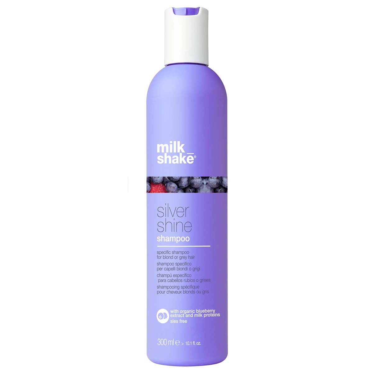 Milk Shake Silver Shine Shampoo Flasche mit weißem Klappdeckel. Blaue Flasche mit Beeren-Design.