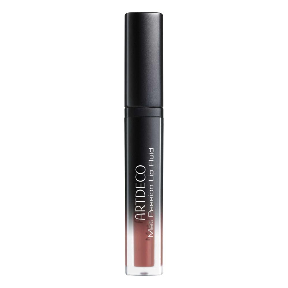 Geschlossener ARTDECO Mat Passion Lip Fluid in schwarzer Hülse mit transparentem Fenster.