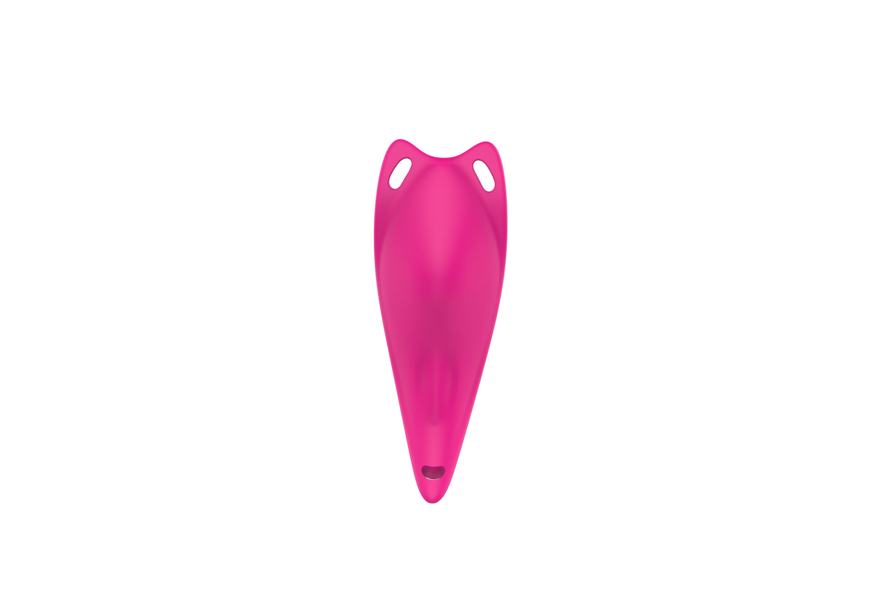 Pinkfarbener Vibrator in Tropfenform. Zwei Löcher am oberen Ende. Auf weißem Hintergrund.