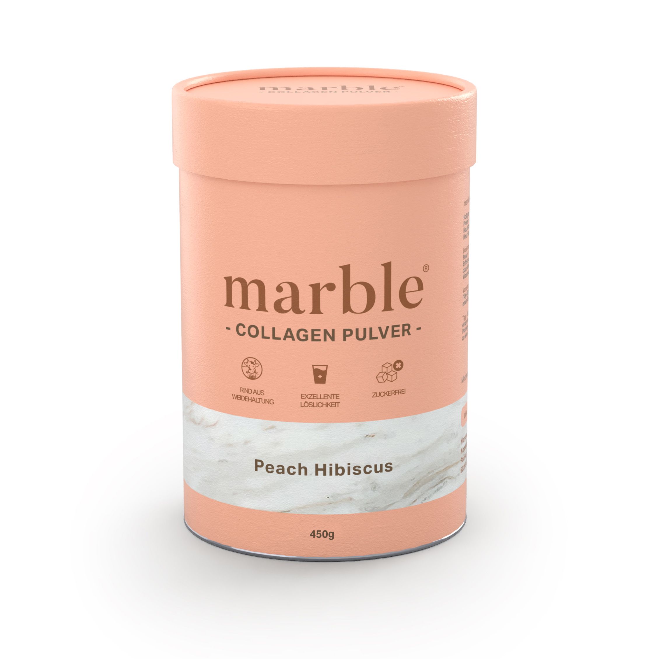 Zylindrische Dose mit Pfirsich-Hibiskus-Collagen-Pulver. Aufschrift: marble, Collagen Pulver, 450g.