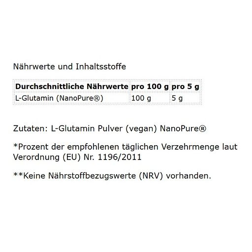 Text auf weißem Hintergrund: Nährwerttabelle mit Angaben zu L-Glutamin (NanoPure®). Zutaten: L-Glutamin Pulver (vegan) NanoPure®.