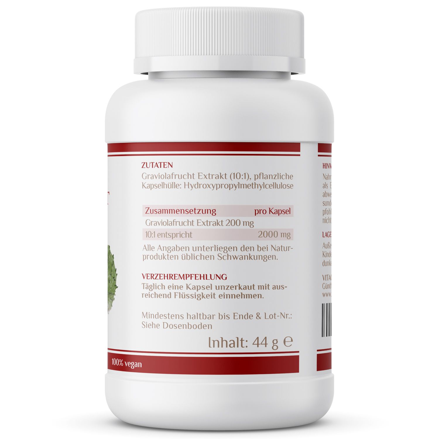 Rückseite einer weißen Flasche. Rotes Etikett mit Text. Aufschrift: Inhalt: 44 g. 100% vegan.