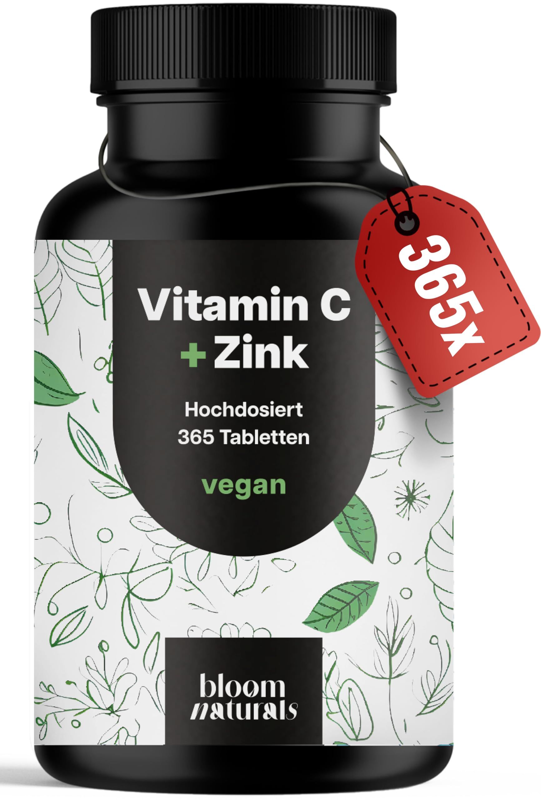 Flasche Vitamin C + Zink, 365 Tabletten, vegan. Roter Anhänger mit '365x'.