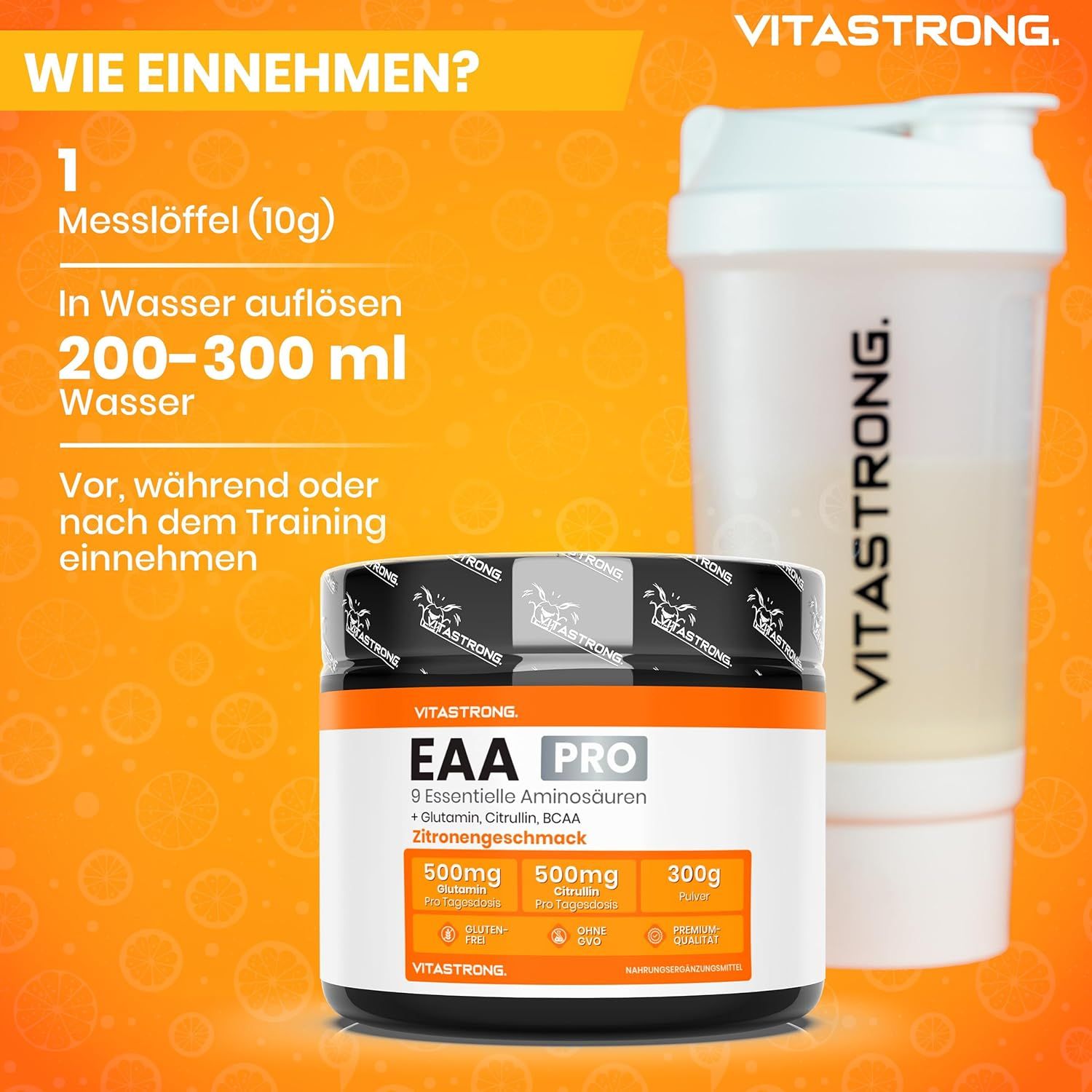 Mann trinkt aus einer blauen Trinkflasche. Vitastrong EAA PRO Zitrone. Dose mit Pulver. Text: Ultrafeines Pulver.