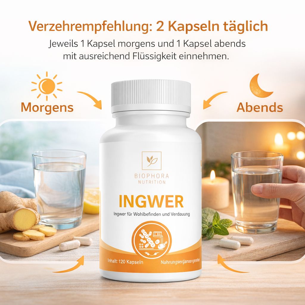 Flasche mit Ingwer-Kapseln neben Gläsern mit Wasser. Aufschrift: Biophora Nutrition, Ingwer. Einnahmeempfehlung: 2 Kapseln täglich.