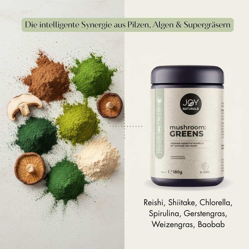 Eine Dose "JOY NATURALS mushroom:GREENS" neben verschiedenen Pulvern und Pilzen. Text: "Die intelligente Synergie aus Pilzen, Algen & Supergräsern".