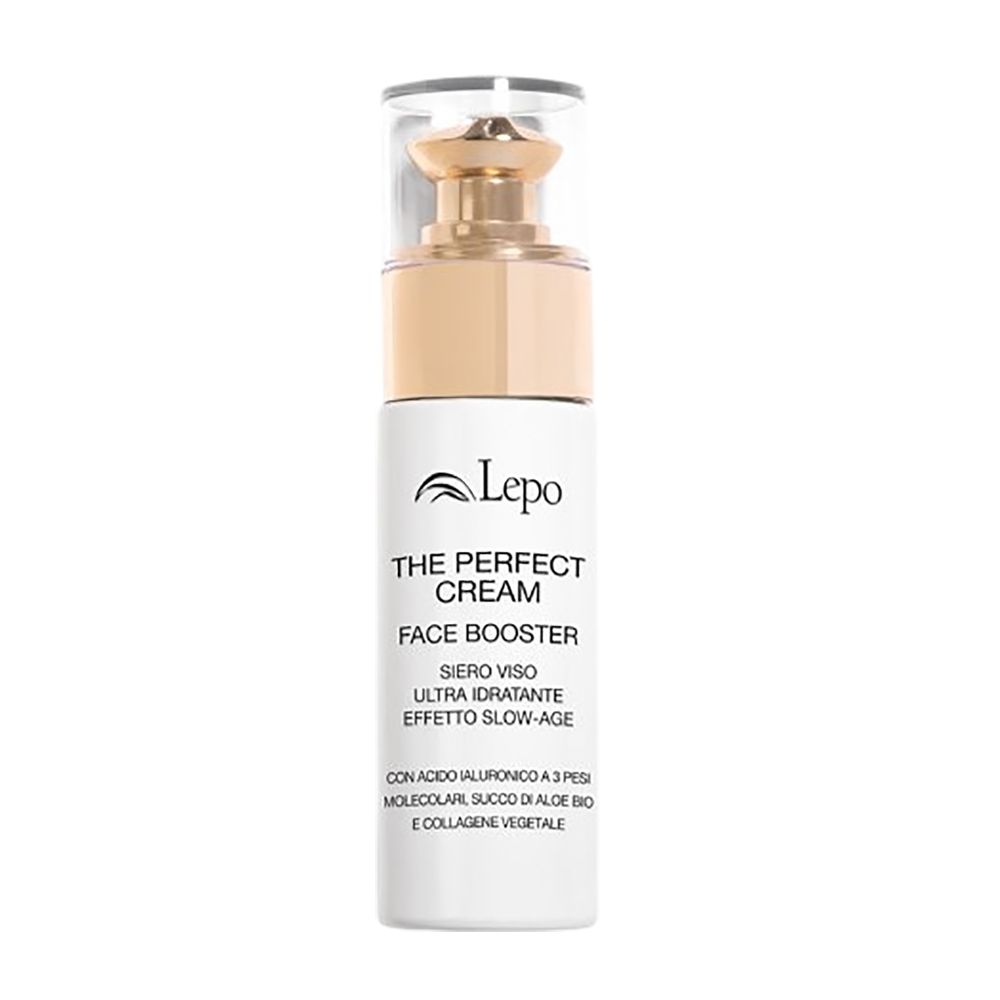 Flacone booster crema. Contenitore cilindrico bianco con pompetta dorata e coperchio trasparente. Testo: Lepo, The Perfect Cream, Face Booster.