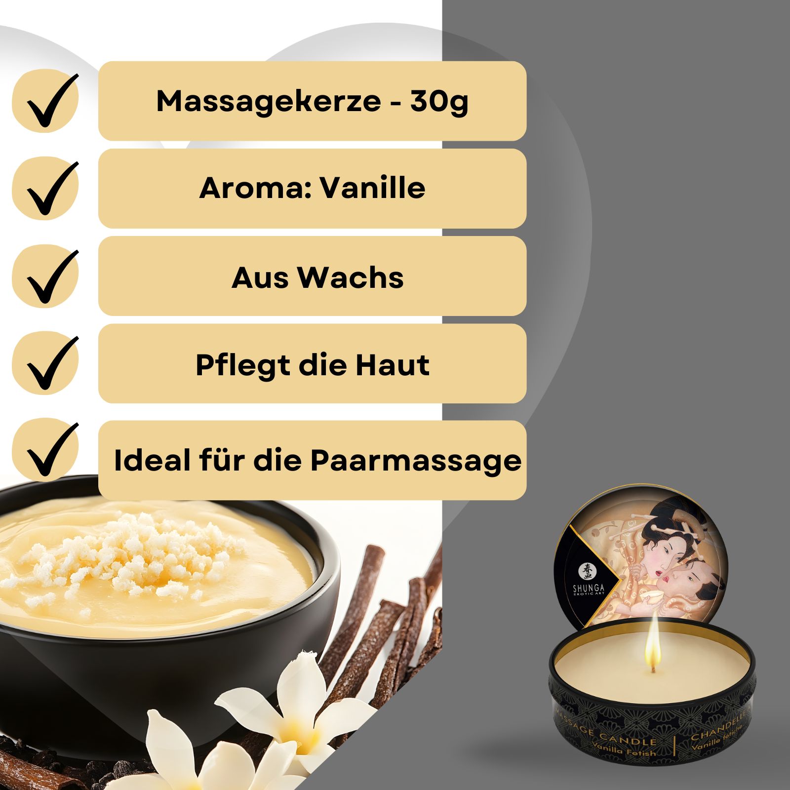 Produkt mit Text: Massagekerze - 30g, Aroma: Vanille, Aus Wachs, Pflegt die Haut, Ideal für die Paarmassage. Kerze in Dose.