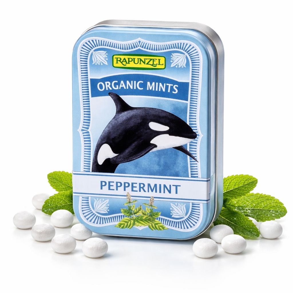 Rapunzel Bio-Minzbonbons mit Orca-Motiv, Pfefferminzgeschmack, umgeben von Minze.