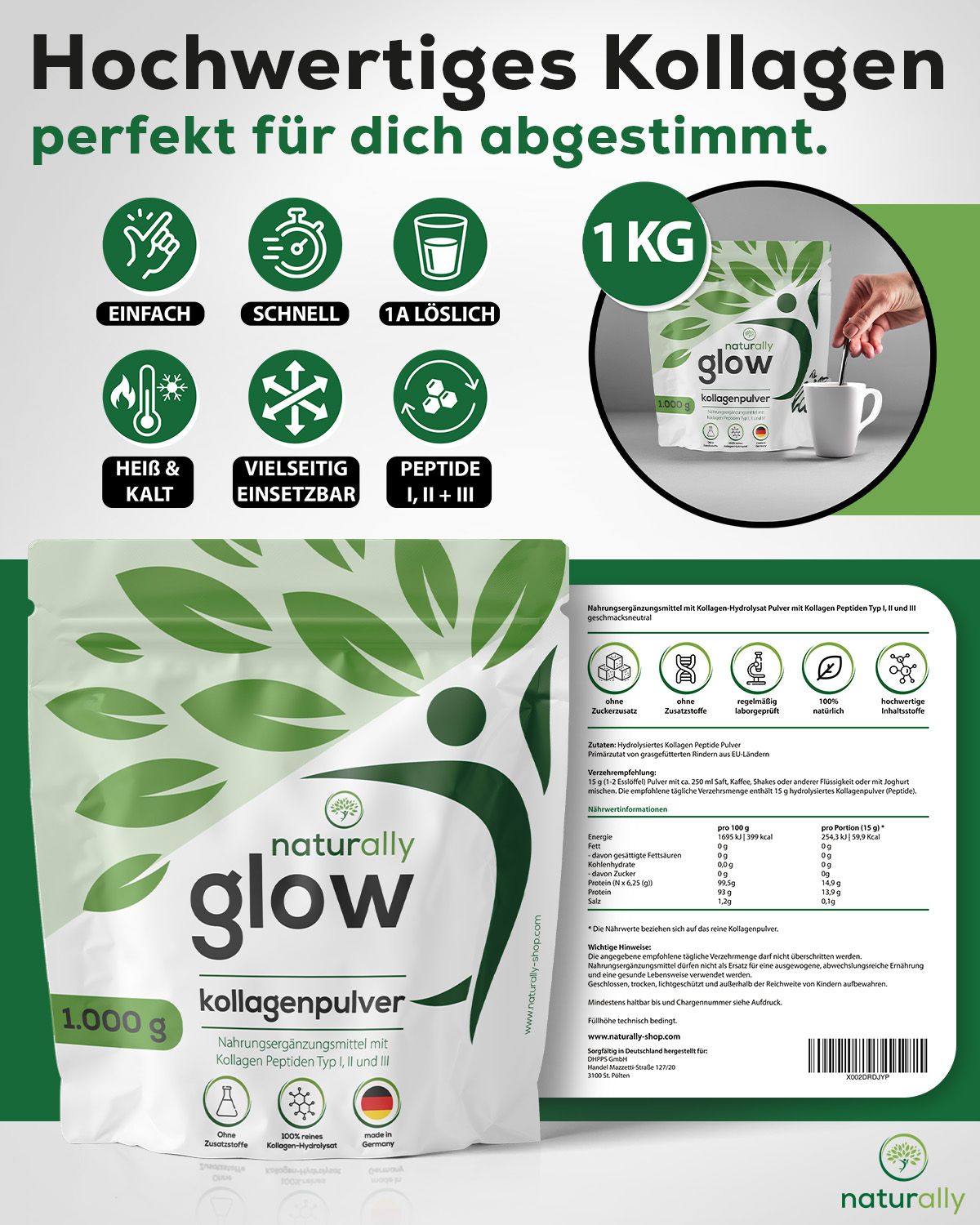 naturally glow Kollagen Pulver | für Haut, Haare & Gelenke | Typ 1,2 & 3