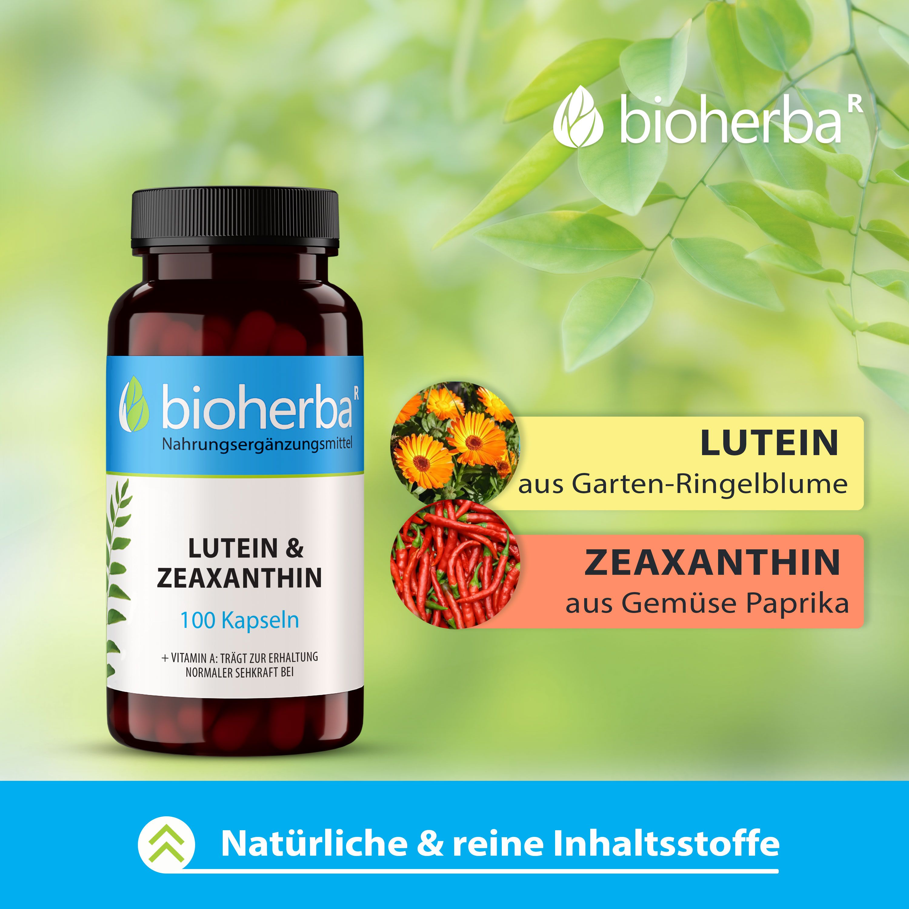 Braune Flasche mit schwarzen Deckel. Aufschrift: Bioherba, Lutein & Zeaxanthin, 100 Kapseln. Abbildungen von Ringelblume und Paprika.