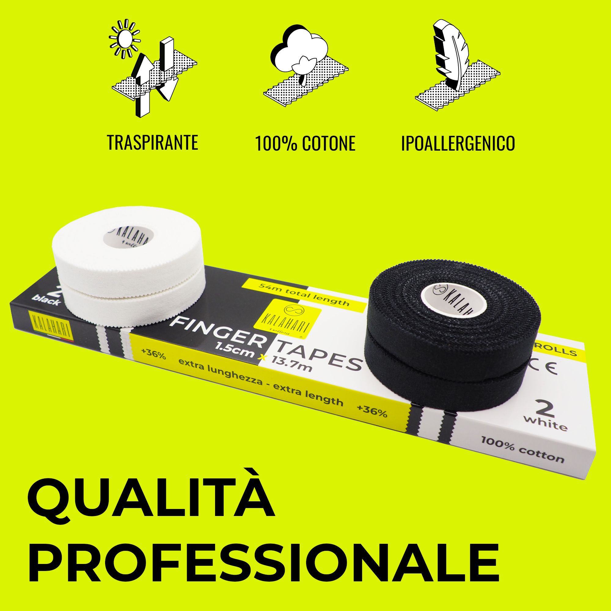 Zwei Rollen Finger-Tape (weiß, schwarz) auf einer gelben Verpackung mit Icons für Atmungsaktivität, Baumwolle, Hypoallergen.
