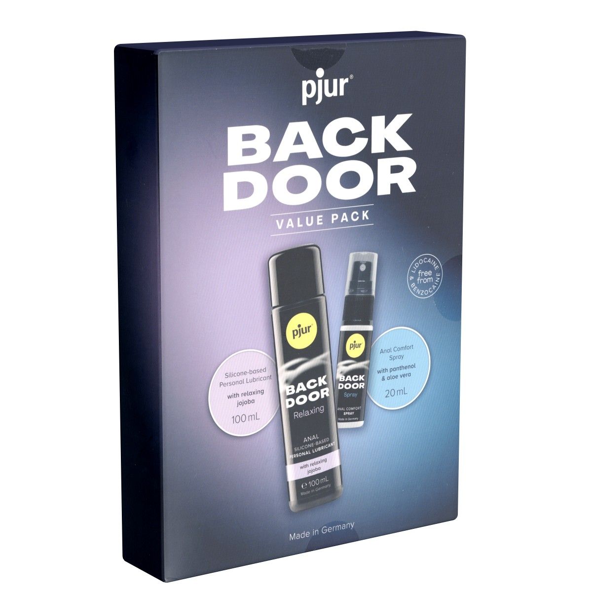 Coffret pjur BACK DOOR VALUE PACK. Contient un lubrifiant et un spray. Flacons noirs avec texte blanc et jaune.