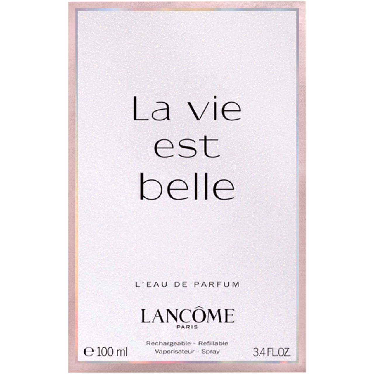 Verpackung mit Text: La vie est belle, L'EAU DE PARFUM, Lancôme, 100 ml, 3.4 FL.OZ. Rosa Hintergrund.