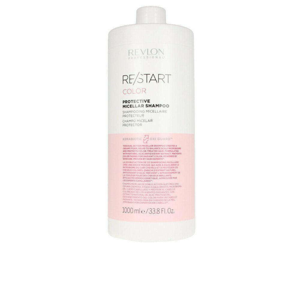 Weißer Shampoo-Behälter mit rosa Etikett. Aufschrift: Revlon, Re/Start Color, Protective Micellar Shampoo. 1000ml/33.8 fl oz.
