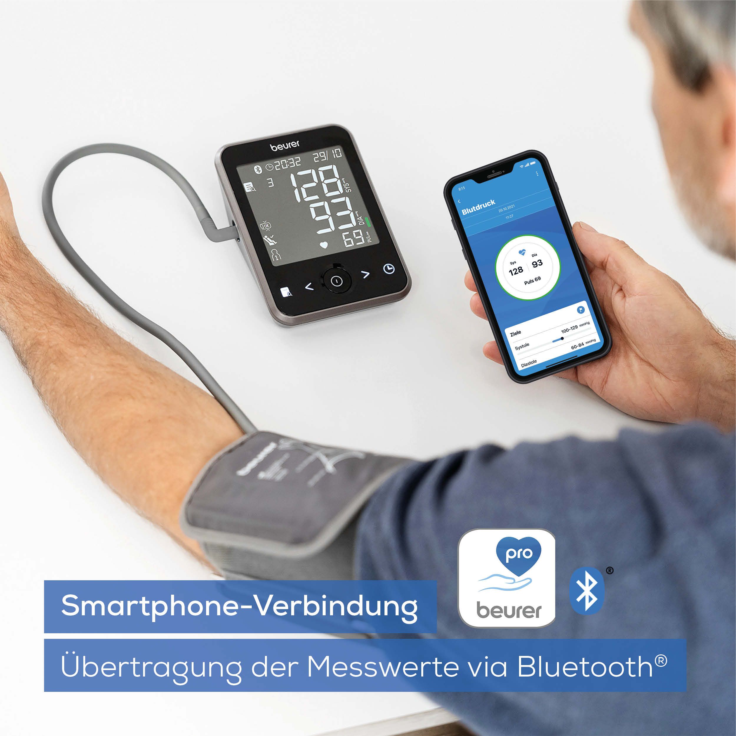 Blutdruckmessgerät mit Display und Smartphone. Text: Smartphone-Verbindung. Übertragung der Messwerte via Bluetooth.
