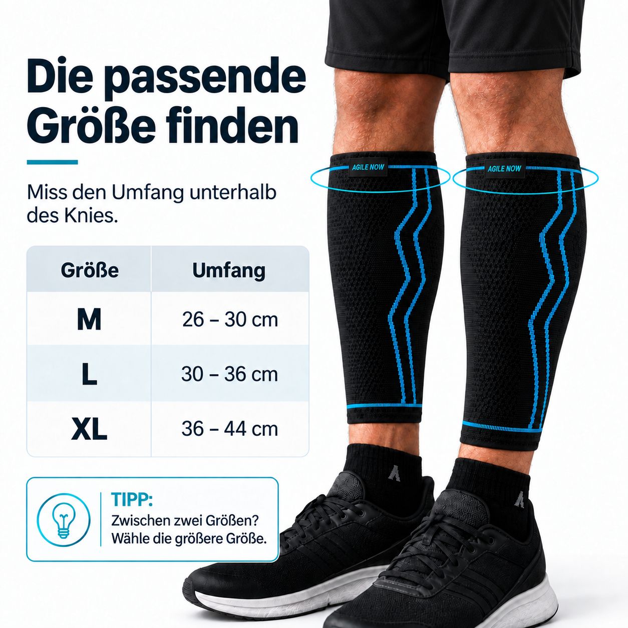 Größentabelle für Wadenbandagen: M (26-30cm), L (30-36cm), XL (36-44cm).