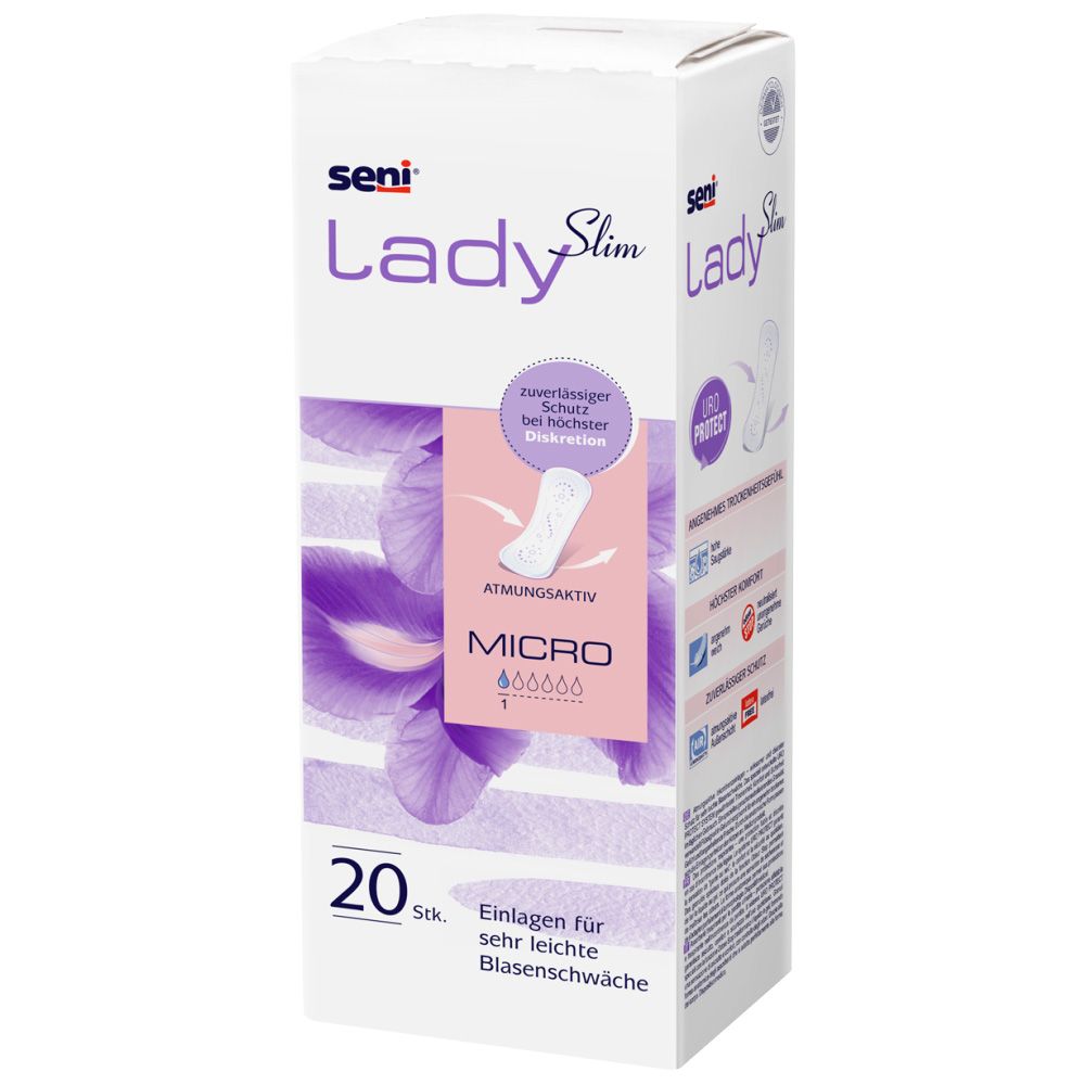 Verpackung Seni Lady Slim Micro. 20 Stück. Produktabbildung und Informationen zur Blasenschwäche.