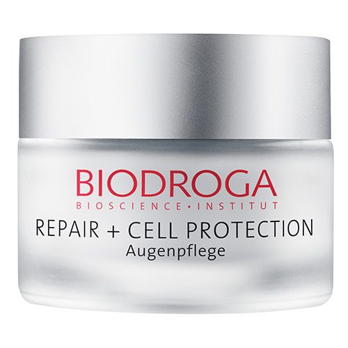 Cremebehälter mit silbernem Deckel. Aufschrift: BIODROGA, REPAIR + CELL PROTECTION Augenpflege.